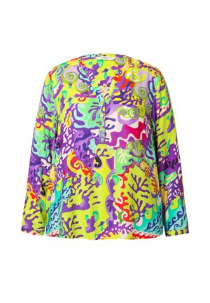 Multikleurig shirt met lange mouwen, gekenmerkt door een levendig abstract patroon in groen, paars, geel en rood, met een doorgeknoopte V-hals.