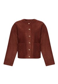 Rostfarbene Jacke aus strukturiertem Stoff, mit rundem Ausschnitt, langen Ärmeln, Messingknöpfen und zwei vorderen Taschen.