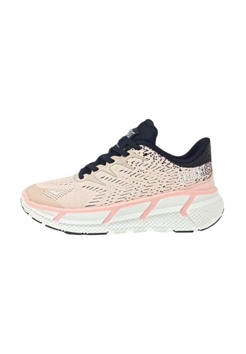 Scarpa da corsa rosa chiaro con tomaia in rete traspirante, lacci neri e suola in gomma bianca con dettagli testurizzati e un intersuola rosa.
