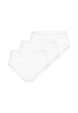 Three white women's briefs with lace waistbands, arranged diagonally on a white background.