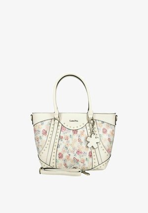 Borsa tote bianca con motivo floreale, dettagli con borchie, due manici, tracolla removibile e portachiavi a forma di fiore.