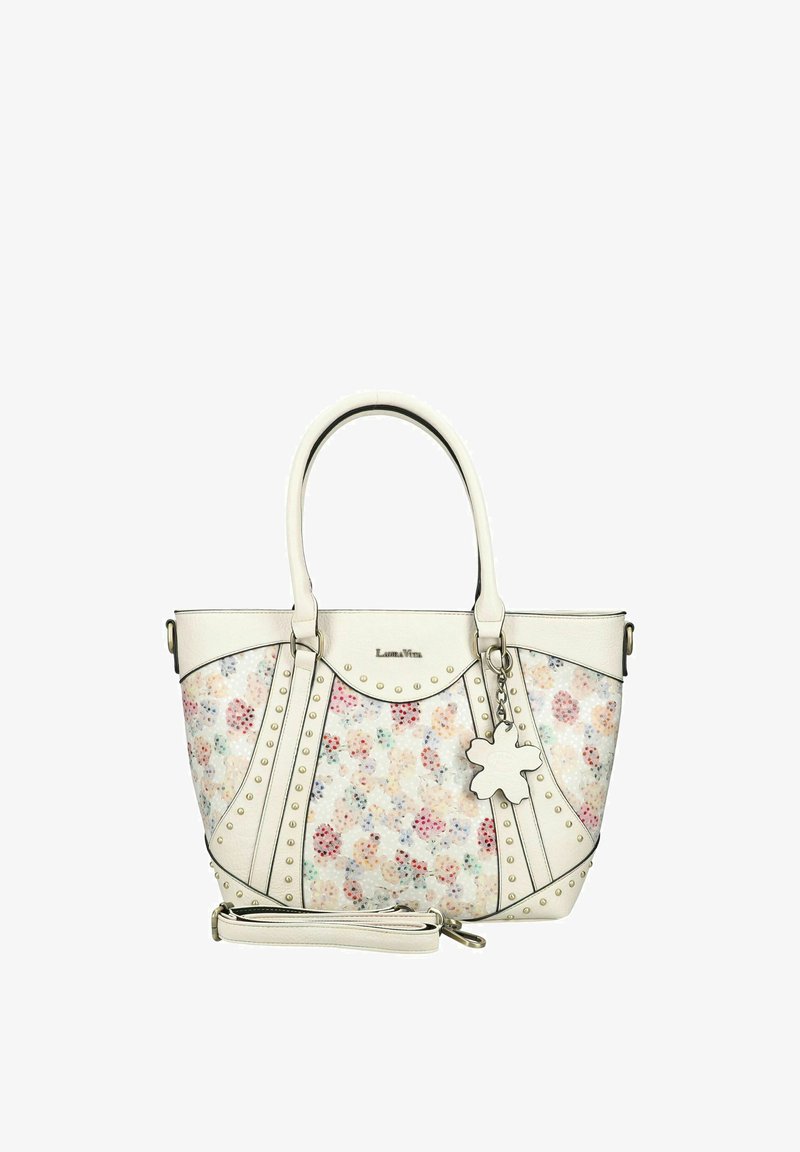 Sac fourre-tout blanc avec motif floral, détails cloutés, deux poignées, bandoulière amovible et breloque porte-clés en forme de fleur.