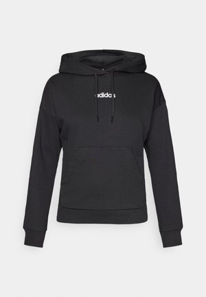 Black hooded sweatshirt with a kangaroo pocket, drawstrings, and white "adidas" logo on the front. Soft fabric, relaxed fit, long sleeves.