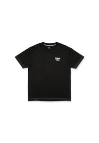 Czarny bawełniany t-shirt z białym logo "Volcom Stone" na lewej piersi oraz kontrastowym haftem wzdłuż rękawów i dołu.