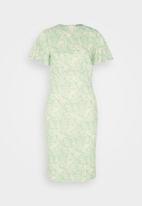 Mint green fitted dress with short flutter sleeves and a floral pattern in cream. Features a back zipper and round neckline.