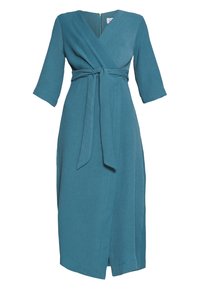Robe midi en sarouel teal avec manches 3/4, ceinture en tissu nouée à la taille, décolleté en V et fermeture éclair au dos.