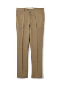 Pantalon en lin beige avec une coupe flat front, des jambes droites et deux poches latérales. Il dispose d'une fermeture à bouton unique et de passants de ceinture.