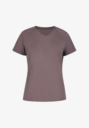 Kurzärmliges, V-Ausschnitt T-Shirt in Mauve aus strukturiertem Stoff, auf einem weißen Hintergrund präsentiert.