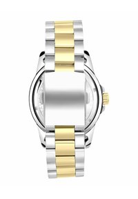 Armbanduhr aus Edelstahl in Silber- und Goldtönen mit einem zweifarbigen Armband, ausgestattet mit einem runden Gehäuse und einem glatten, schlichten Zifferblatt.