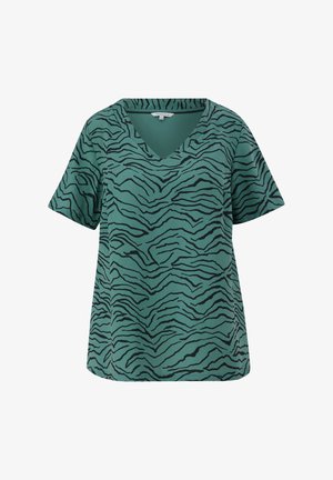 Grüne kurzärmelige V-Ausschnitt-Bluse mit schwarzen zebraähnlichen Streifen und entspannter Passform.