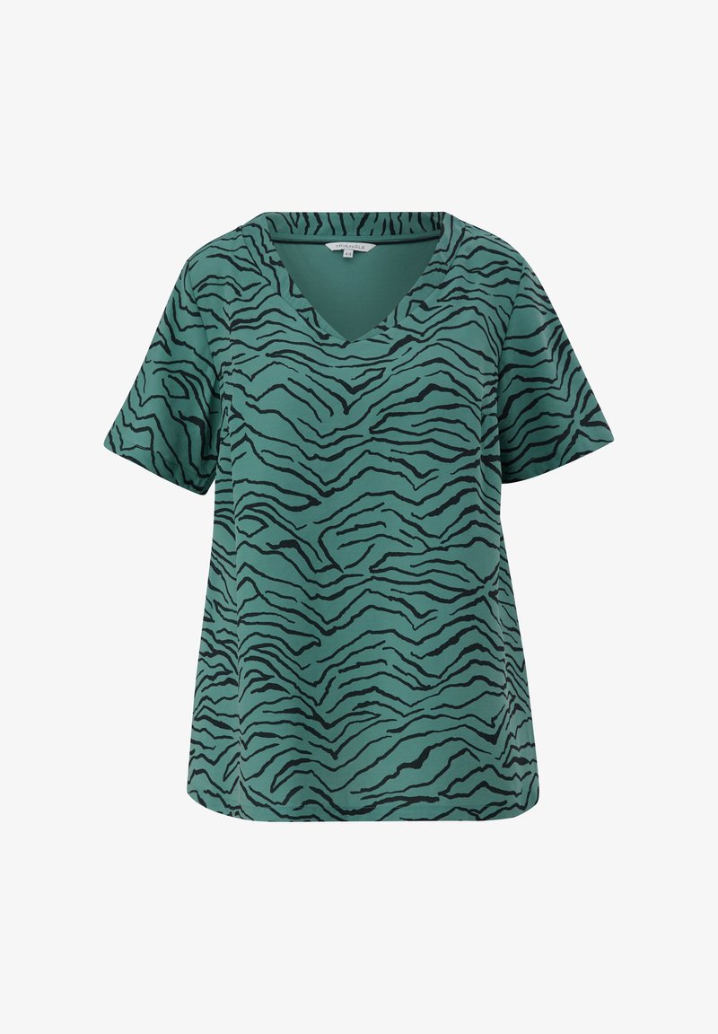 Blouse verte à manches courtes et col en V avec des rayures noires semblables à celles d’un zèbre et une coupe décontractée.