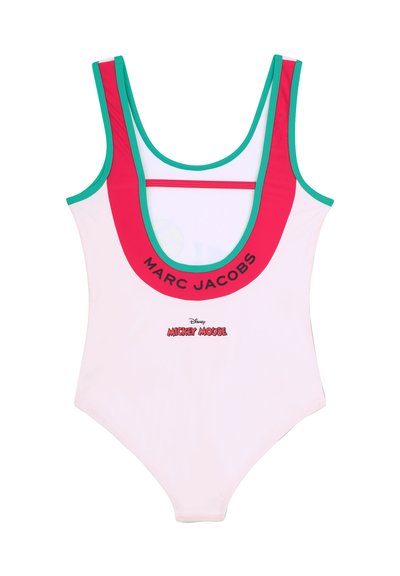 Maillot de bain en tissu lisse et léger ; présente un corps blanc avec des accents roses et verts, ainsi que les logos "MARC JACOBS" et "Mickey Mouse".