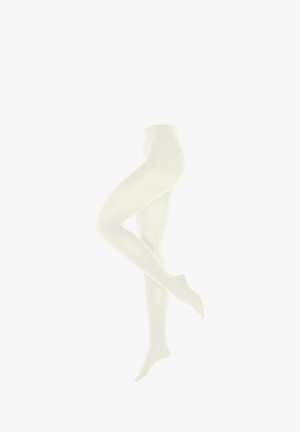 Calze bianche opache con un motivo a coste testurizzato, finitura liscia e design aderente, che mostrano una posa con una sola gamba.