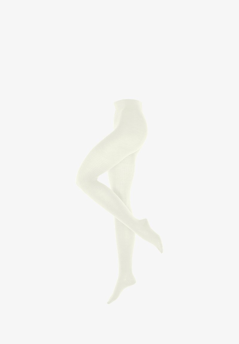 Collants blancs opaques avec un motif texturé en côtes, finition lisse et design ajusté, affichant une pose d'une seule jambe.