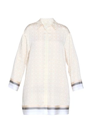 Cremefarbenes Langarmhemd mit Knopfleiste, feinem Karomuster und weißen, beigen sowie grauen Streifen an Bündchen und Saum.