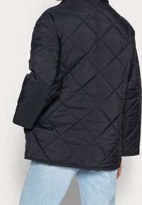 Gewatteerd zwart donzenjack met een hoge kraag, brede mouwen en een rechte zoom. Zacht, glanzend materiaal met een ruitpatroon.