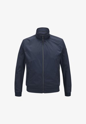 Herrenjacke in Marineblau, gefertigt aus leichtem Stoff, mit Stehkragen, Frontreißverschluss und zwei seitlichen Reißverschlusstaschen.