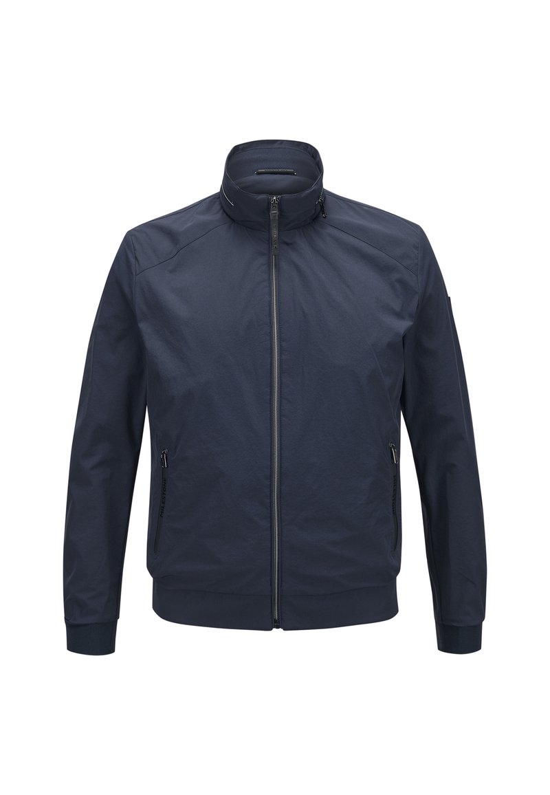 Herrenjacke in Marineblau, gefertigt aus leichtem Stoff, mit Stehkragen, Frontreißverschluss und zwei seitlichen Reißverschlusstaschen.