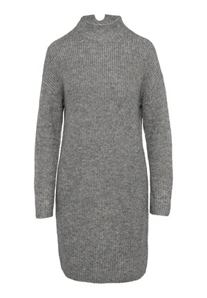 Robe pull en tricot grise avec un col haut, des manches longues et des poignets côtelés. Elle présente une texture douce et une longueur mi-cuisse.