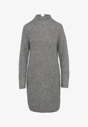 Abito in maglione grigio con collo alto, maniche lunghe e polsini a coste. Presenta una texture morbida e una lunghezza a metà coscia.