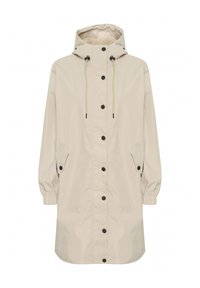Imperméable beige avec capuche, poignets élastiques, boutons-pression à l'avant et poches latérales, ayant une texture lisse et une couleur neutre.