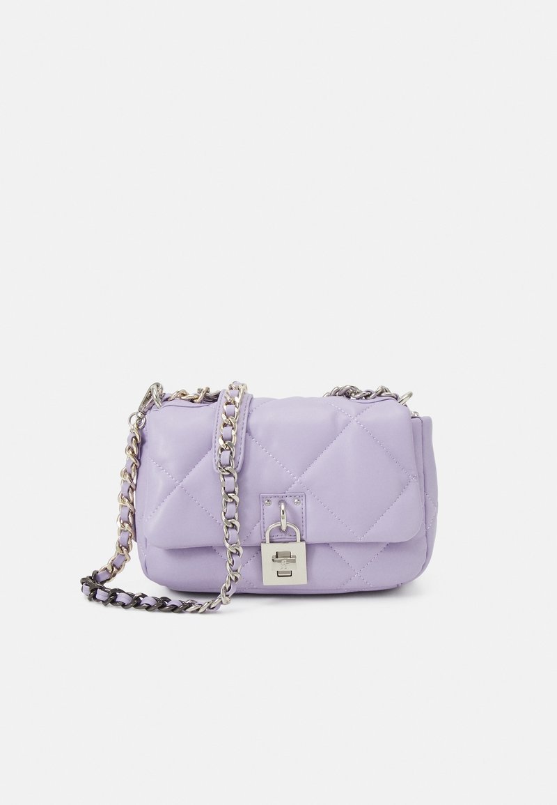 Quilted lavender handbag with a silver lock, chain strap, and shiny finish. Features a rectangular shape and textured surface.
