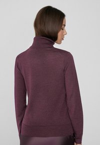 Jersey de color malva con cuello alto, hecho de un suave tejido de punto, que presenta un diseño ajustado y cuellos y dobladillos acanalados. Textura suave, mangas largas.