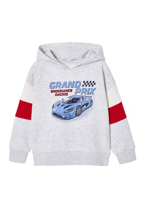 Light gray hoodie with red and white stripes on sleeves, featuring blue sports car and text "Grand Prix Endurance Racing" on front.