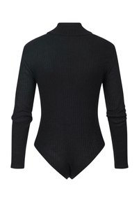 Schwarzer, gerippter Langarm-Body mit Stehkragen, glatter Textur, figurbetontem Design und Druckknopfverschluss an der Unterseite.