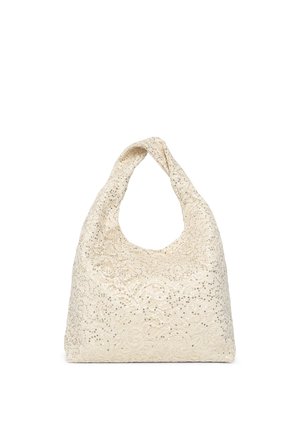 Borsa a spalla in tessuto crema con decorazioni di paillettes e un manico largo singolo, caratterizzata da una forma morbida e morbida.
