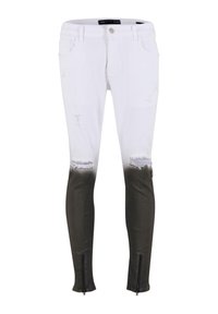 Slim-fit džíny s bílou horní polovinou přecházející do tmavě šedé dolní poloviny, roztrhnutí na kolenou, přední kapsy, poutka na pásek a zipy na kotnících.