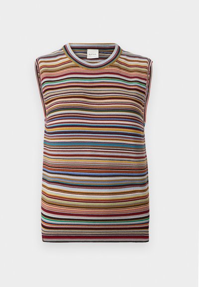 Haut sans manches en maille avec des rayures horizontales multicolores en rouge, orange, jaune, bleu, vert, marron et blanc, avec un col rond.
