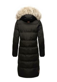 Black puffer coat with a long design, featuring a fur-lined hood, quilted texture, and a zip closure. Includes logo detail on the side.