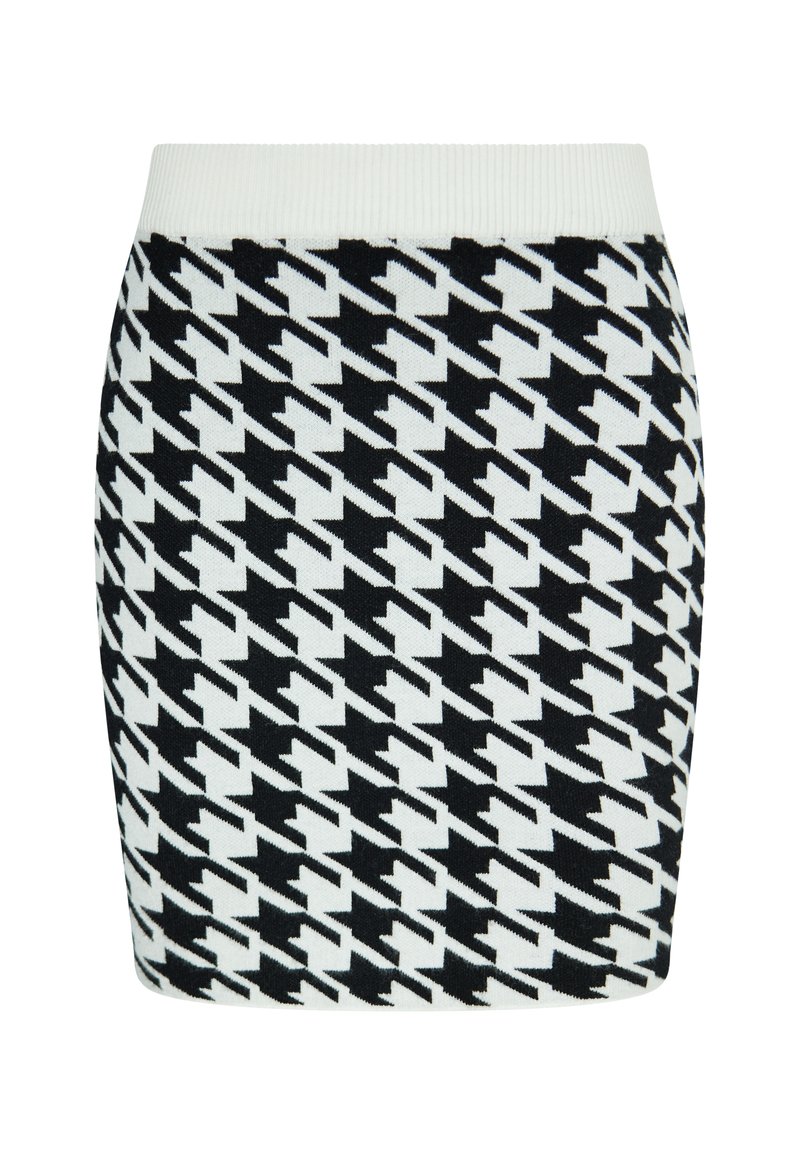 Černobílá pletená mini sukně s vzorem houndstooth, s žebrovaným pasem, se štíhlým střihem a hladkou texturou.