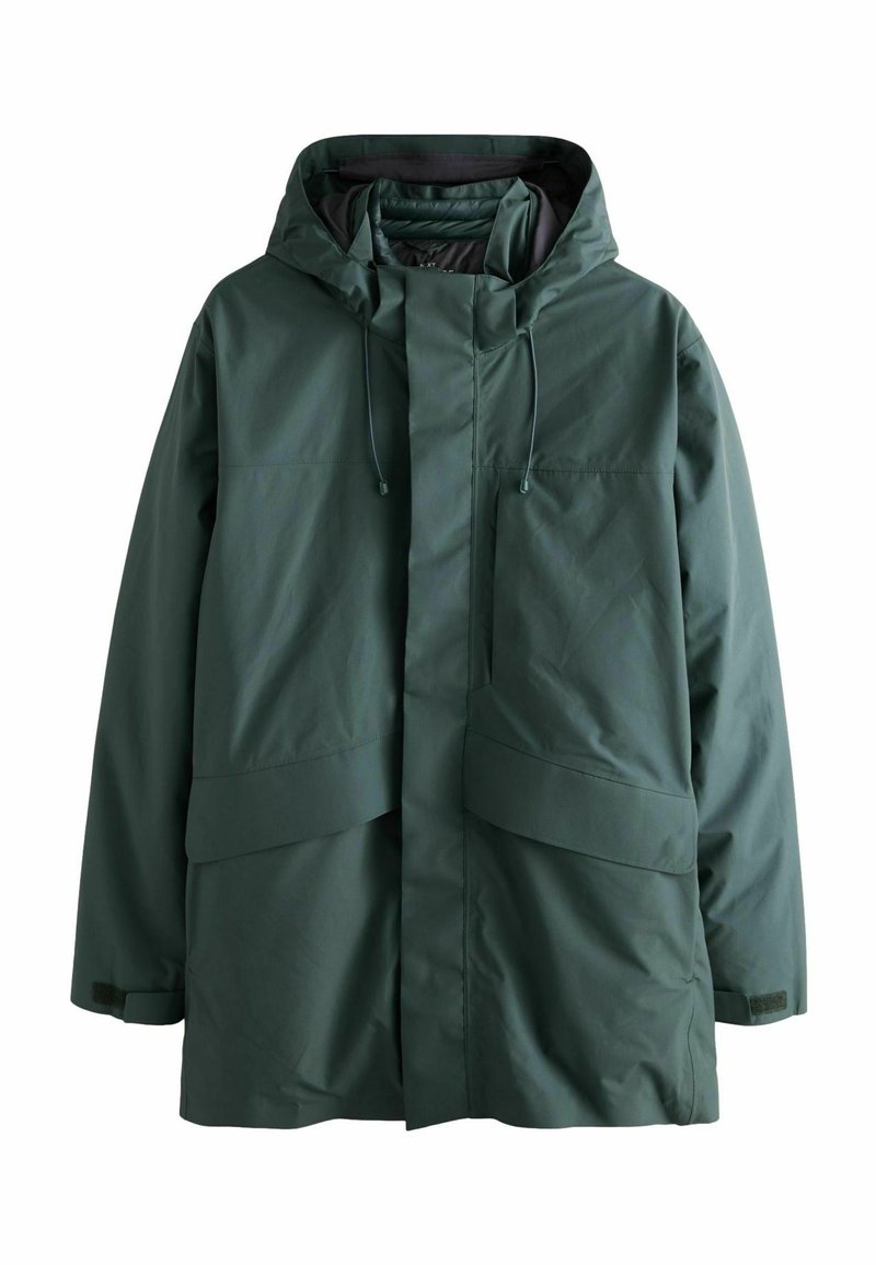 Green waterproof jacket with a hood, featuring a full front zipper, large front pockets, and adjustable drawstrings on the hood.
