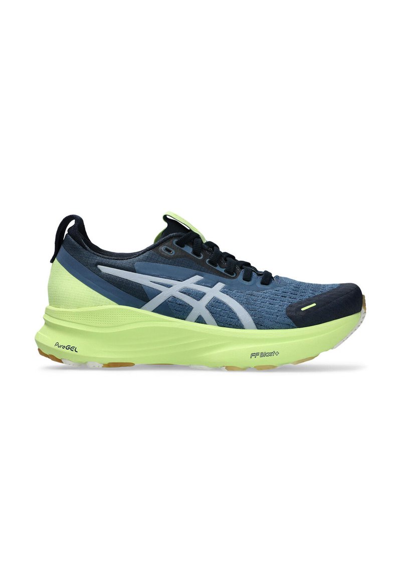 Hardloopschoenen met een marineblauwe bovenkant, lichtblauwe accenten en een felgroene tussenzool. Getextureerde stof en witte logodetails.