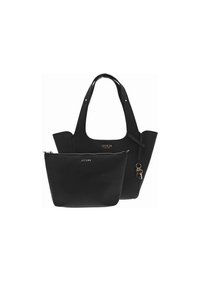 Borsa a tracolla in pelle nera con un design strutturato, manici per il trasporto e una pochette rimovibile con zip. Presenta un logo discreto in oro.
