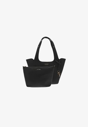 Sac à main en cuir noir avec un design structuré, des poignées de transport et une pochette zippée amovible. Présente également un logo discret en doré.