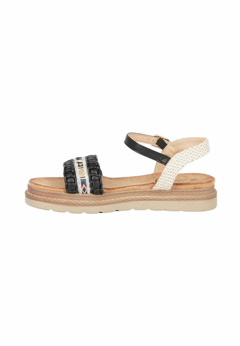 Sandal con cinturino regolabile in bianco e nero, con dettagli intrecciati e suola intermedia beige, caratterizzata da una soletta testurizzata e suola in gomma.