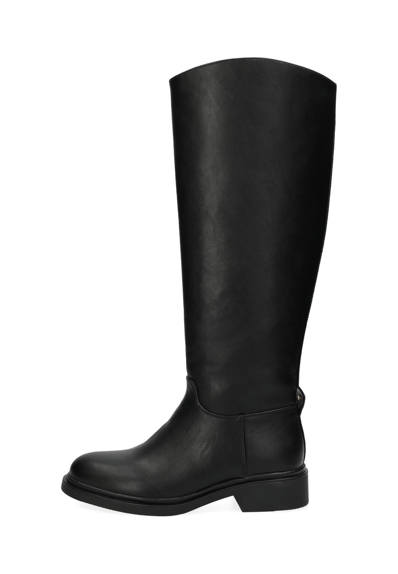 Botas de cuero negro hasta la rodilla con punta redondeada, tacón plano y textura suave; presenta una costura a lo largo del costado y un pequeño detalle de metal.