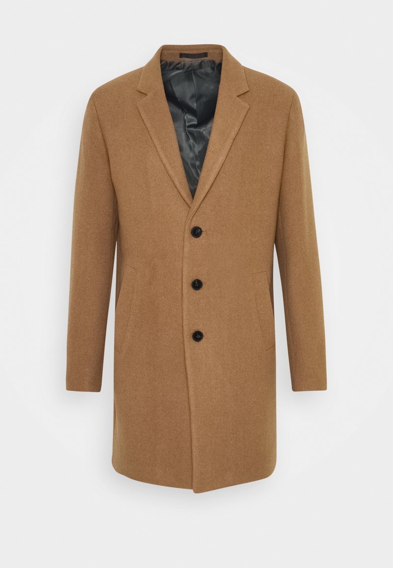 Cappotto di lana color camel con foderatura nera, tre bottoni neri sul davanti, rever a lancia e due tasche laterali.