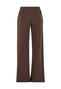 Pantalones marrones de pierna ancha con una cómoda cintura elástica, hechos de un material suave, que muestran una textura lisa y un diseño sencillo.