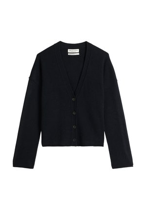 Cardigan corto blu navy scuro con scollo a V e maniche lunghe. Presenta sei bottoni neri lungo il davanti e un materiale morbido e lavorato a maglia.