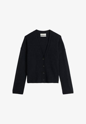 Cardigan court bleu marine foncé avec col en V et manches longues. Comprend six boutons noirs sur le devant et un matériau en maille douce et texturé.