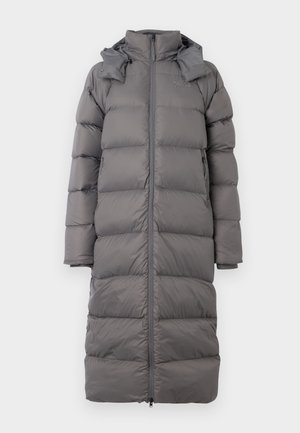 Puffer coat in dark gray, featuring a long length, quilted design, high collar, zip closure, and side pockets. Soft, insulated fabric.