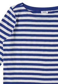 Chemise à manches longues rayée bleu et blanc horizontalement, avec un col rond et une étiquette de marque CECIL cousue.