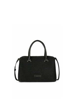 Sac à main noir texturé avec deux poignées, bandoulière amovible et plaque avec logo « bugatti » à l’avant.