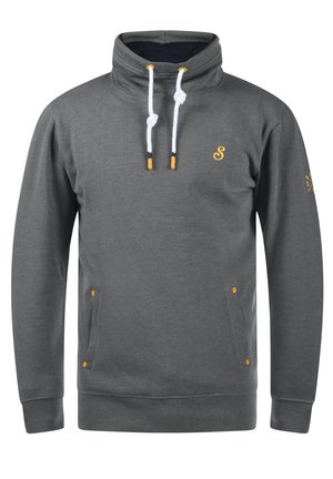 Gray sweatshirt with a high neck, white drawstrings, orange hardware accents, and side pockets. Features a small logo on the chest.