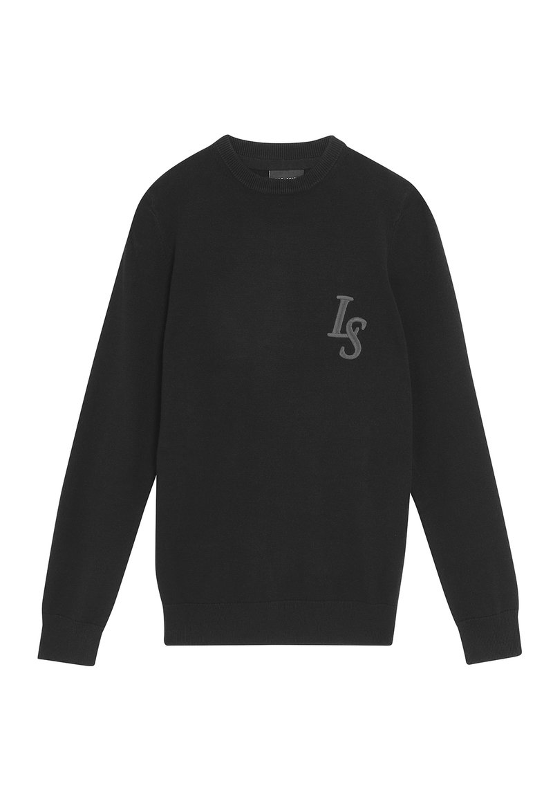Felpa nera a maglia con maniche lunghe, scollatura rotonda e un sottile logo "LS" ricamato in grigio sul petto. Texture liscia.
