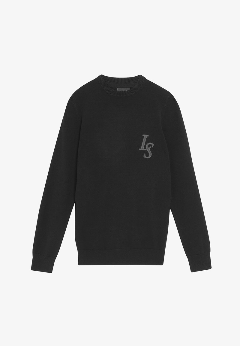 Felpa nera a maglia con maniche lunghe, scollatura rotonda e un sottile logo "LS" ricamato in grigio sul petto. Texture liscia.